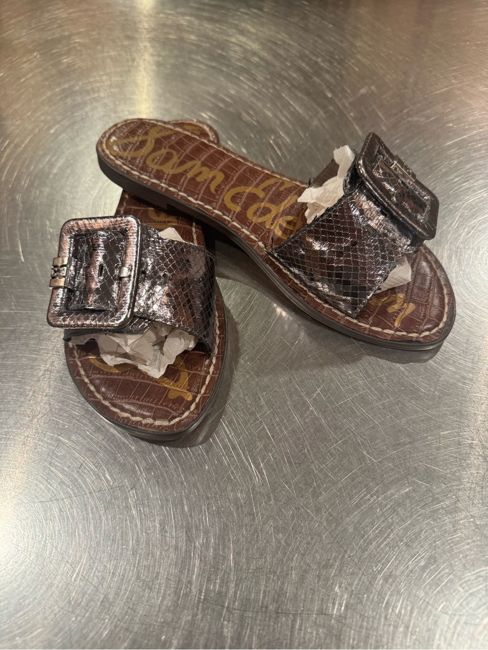 Sam Edelman Metallic Pewter Snake-Embossed Slide Sandals